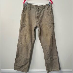 Y2K RUSTLER men's tan khaki relaxed fit straight leg stained work pants, 34x34.